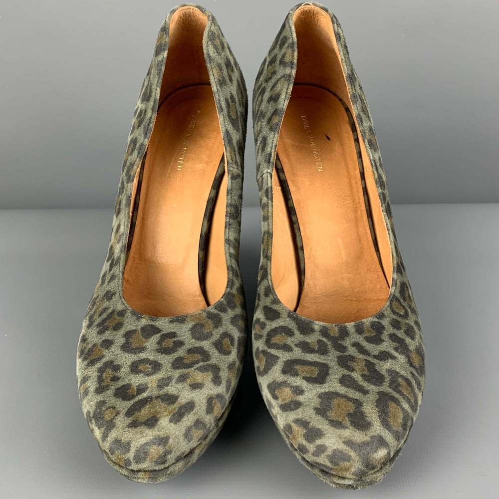 DRIES VAN NOTEN Moss Brown Suede Animal Print Platform Pumps - Picture 4 of 9